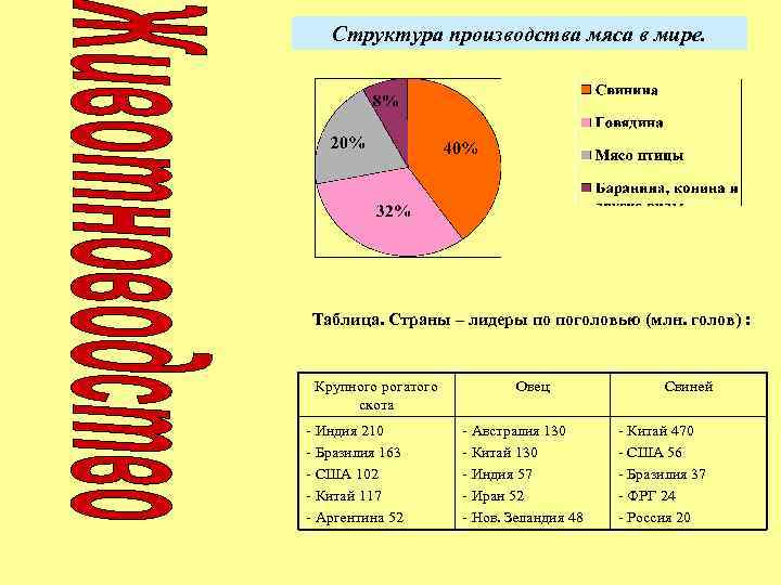 Структура производства мяса в мире. Таблица. Страны – лидеры по поголовью (млн. голов) :