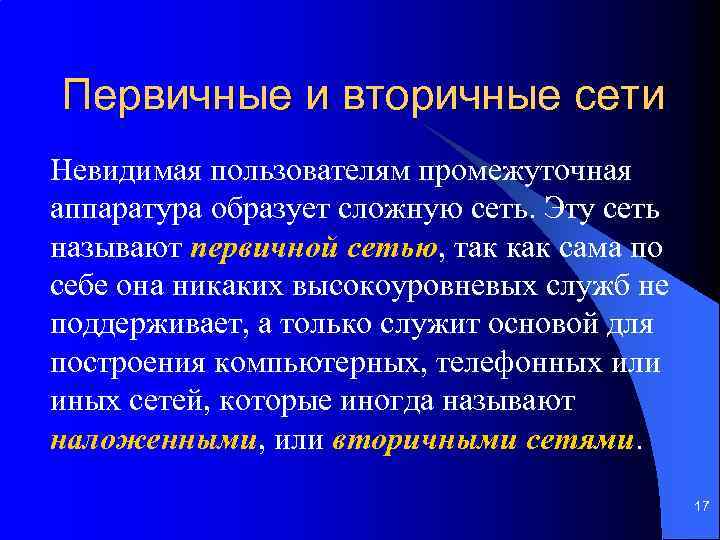 Первичные и вторичные сети Невидимая пользователям промежуточная аппаратура образует сложную сеть. Эту сеть называют