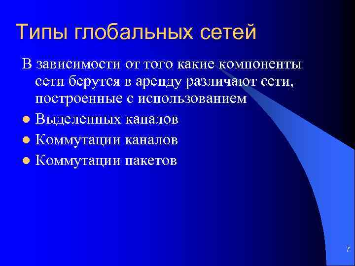 Типы глобальных сетей В зависимости от того какие компоненты сети берутся в аренду различают