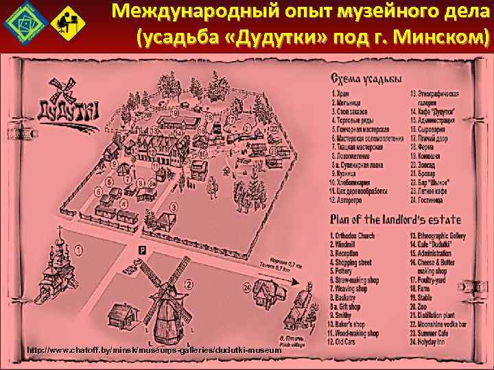 Международный опыт музейного дела (усадьба «Дудутки» под г. Минском) http: //www. chatoff. by/minsk/museums-galleries/dudutki-museum 