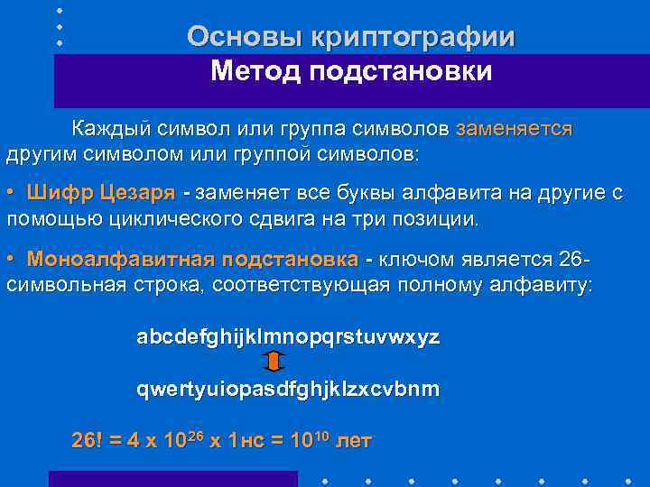 Основы криптографии Метод подстановки Каждый символ или группа символов заменяется другим символом или группой