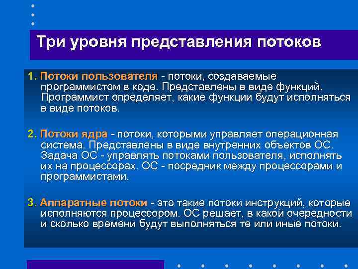 Три уровня представления потоков 1. Потоки пользователя - потоки, создаваемые программистом в коде. Представлены