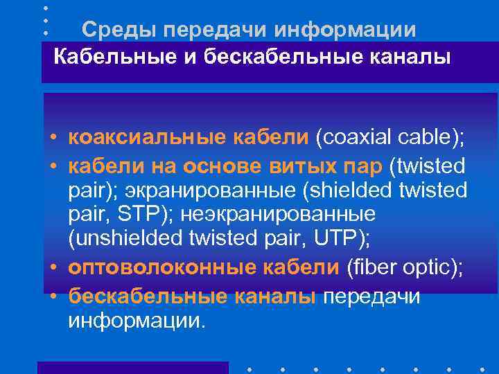 Среды передачи информации Кабельные и бескабельные каналы • коаксиальные кабели (coaxial cable); • кабели