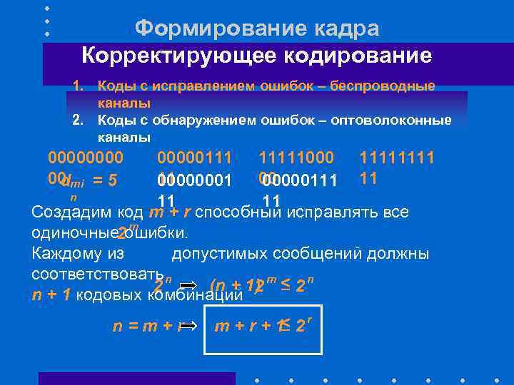 Формирование кадра Корректирующее кодирование 1. Коды с исправлением ошибок – беспроводные каналы 2. Коды