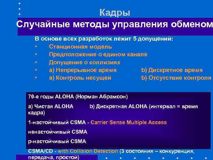 Кадры Случайные методы управления обменом В основе всех разработок лежит 5 допущений: • Станционная