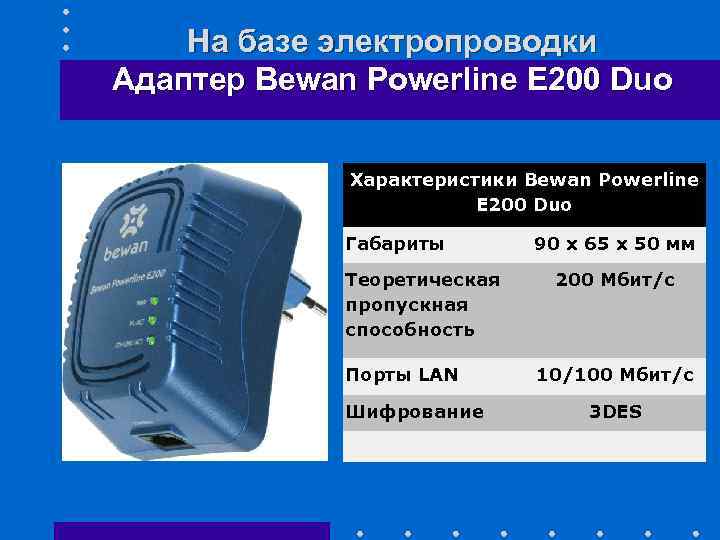 На базе электропроводки Адаптер Bewan Powerline E 200 Duo Характеристики Bewan Powerline E 200