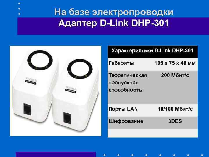 На базе электропроводки Адаптер D-Link DHP-301 Характеристики D-Link DHP-301 Габариты Теоретическая пропускная способность Порты