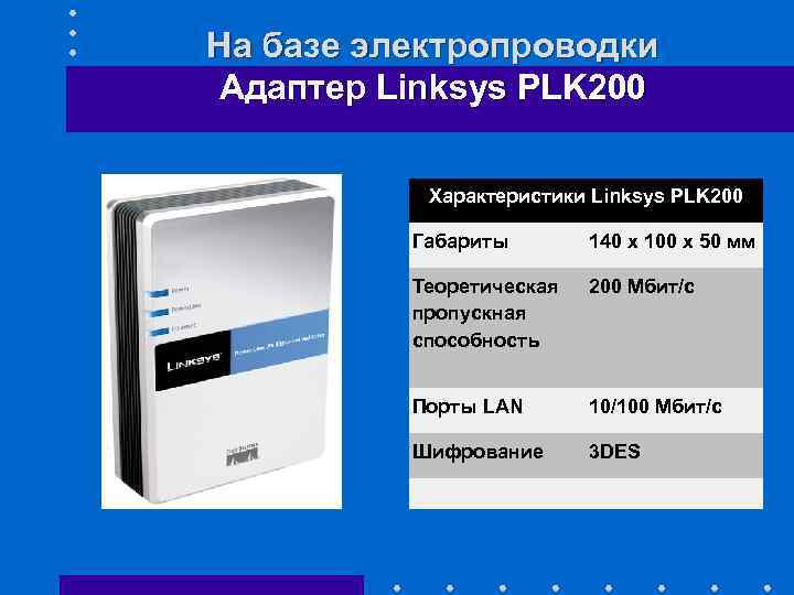 На базе электропроводки Адаптер Linksys PLK 200 Характеристики Linksys PLK 200 Габариты 140 x