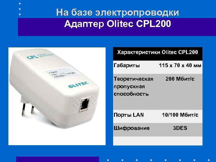 На базе электропроводки Адаптер Olitec CPL 200 Характеристики Olitec CPL 200 Габариты Теоретическая пропускная