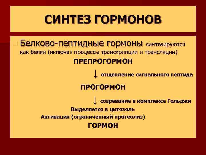 СИНТЕЗ ГОРМОНОВ n Белково-пептидные гормоны синтезируются как белки (включая процессы транскрипции и трансляции) ПРЕПРОГОРМОН