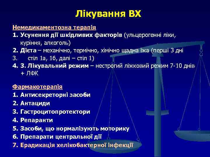 Лікування ВХ Немедикаментозна терапія 1. Усунення дії шкідливих факторів (ульцерогенні ліки, куріння, алкоголь) 2.