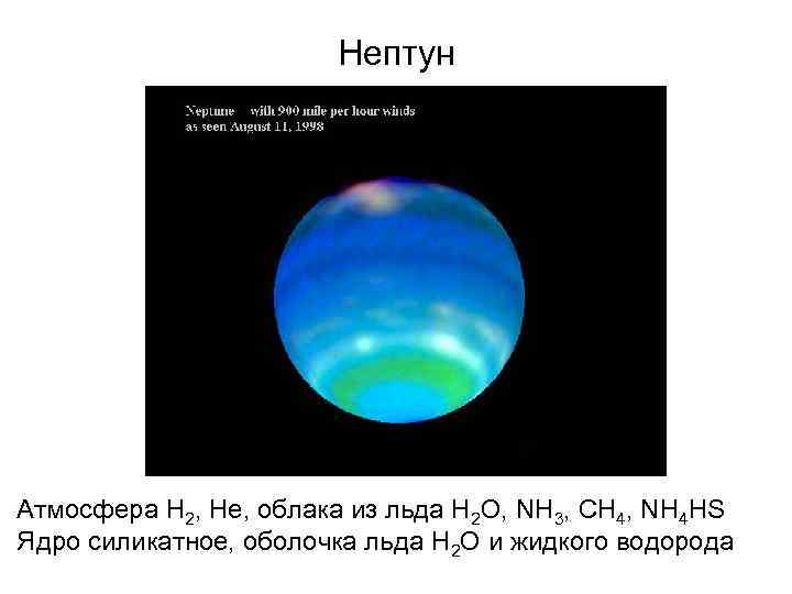 Нептун Атмосфера Н 2, Не, облака из льда Н 2 О, NH 3, СН