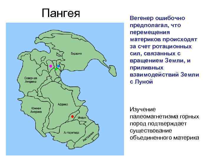 Пангея Вегенер ошибочно предполагал, что перемещения материков происходят за счет ротационных сил, связанных с