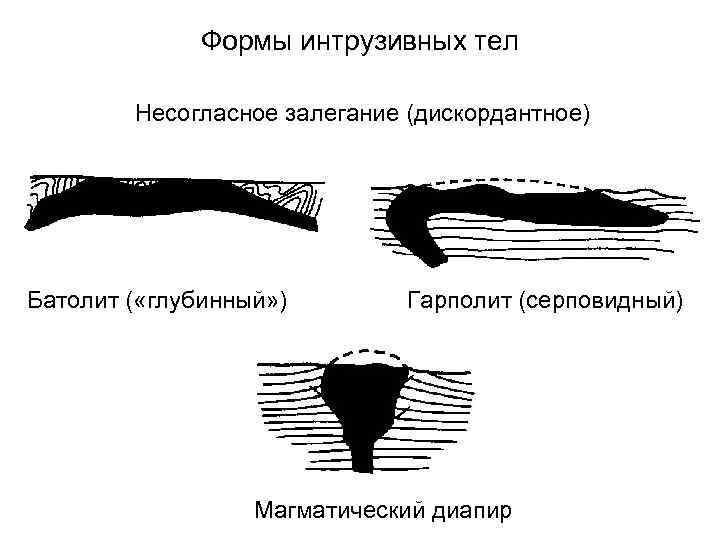 Формы интрузивных тел Несогласное залегание (дискордантное) Батолит ( «глубинный» ) Гарполит (серповидный) Магматический диапир