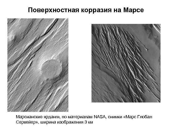 Поверхностная корразия на Марсе Марсианские ярданги, по материалам NASA, снимки «Марс Глобал Сервейер» ,