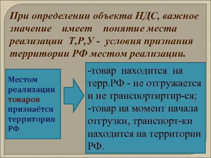 При определении объекта НДС, важное значение имеет понятие места реализации Т, Р, У -