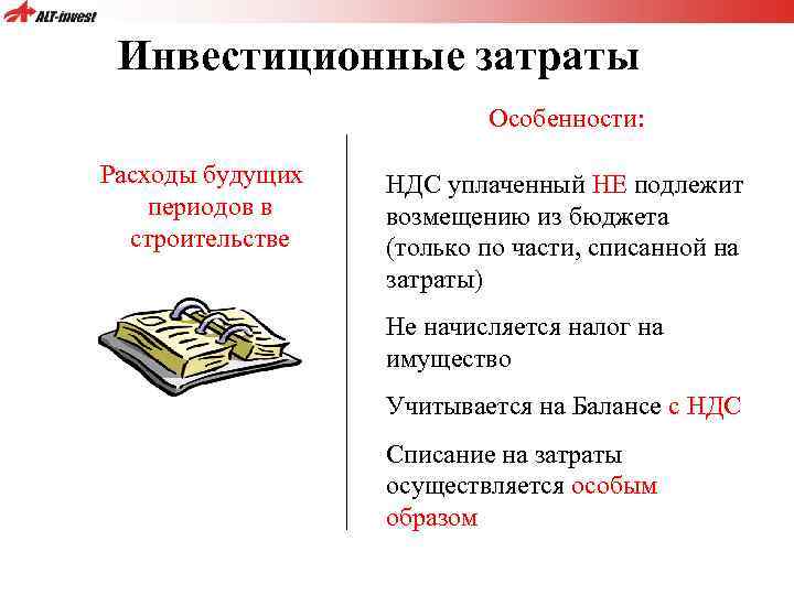 Инвестиционные затраты Особенности: Расходы будущих периодов в строительстве НДС уплаченный НЕ подлежит возмещению из