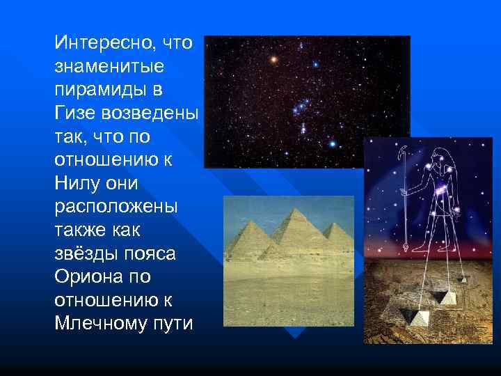 Интересно, что знаменитые пирамиды в Гизе возведены так, что по отношению к Нилу они