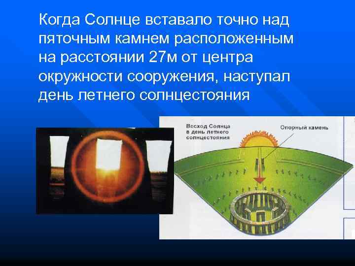 Когда Солнце вставало точно над пяточным камнем расположенным на расстоянии 27 м от центра