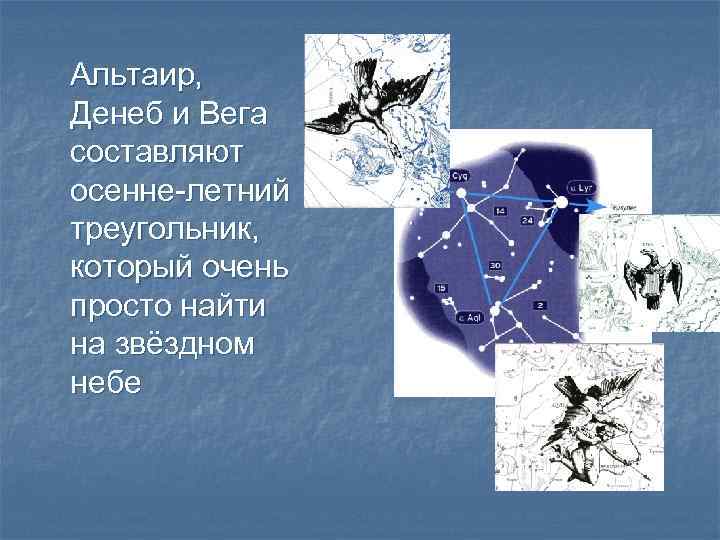 Альтаир, Денеб и Вега составляют осенне-летний треугольник, который очень просто найти на звёздном небе