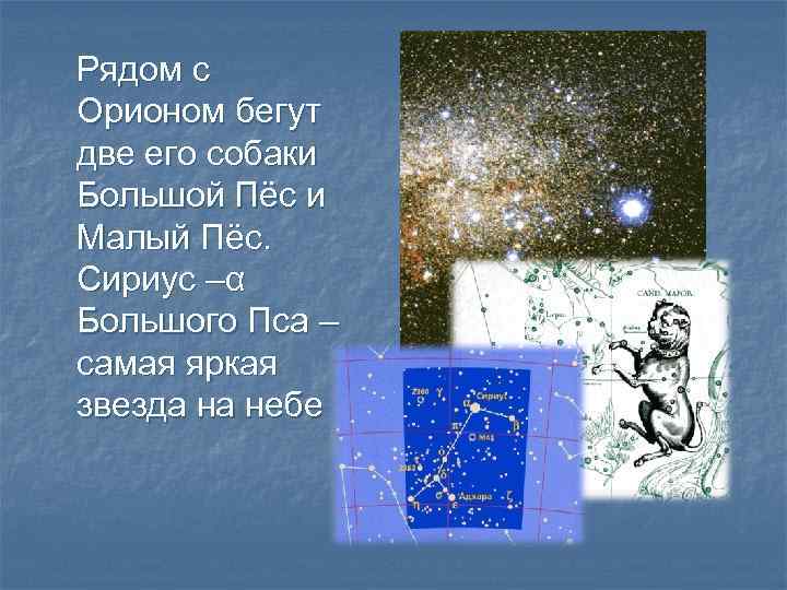 Рядом с Орионом бегут две его собаки Большой Пёс и Малый Пёс. Сириус –α