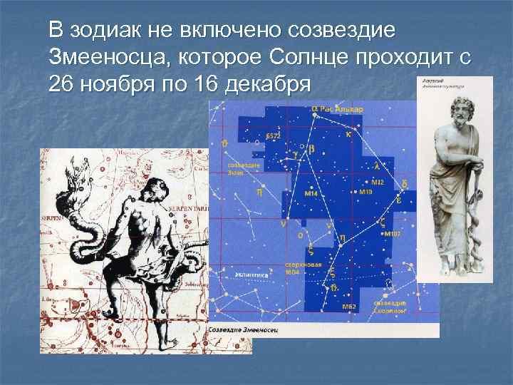 В зодиак не включено созвездие Змееносца, которое Солнце проходит с 26 ноября по 16
