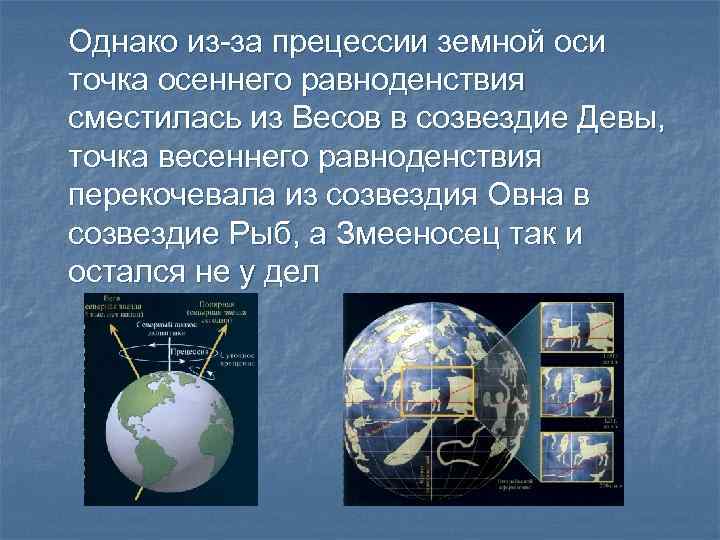 Однако из-за прецессии земной оси точка осеннего равноденствия сместилась из Весов в созвездие Девы,