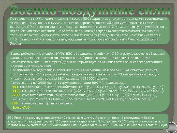  По сравнению с 1991 годом численный состав ВВС сократился с полумиллиона до ста