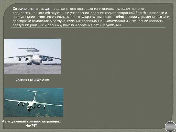 Специальная авиация предназначена для решения специальных задач: дальнего радиолокационного обнаружения и управления, ведения радиоэлектронной