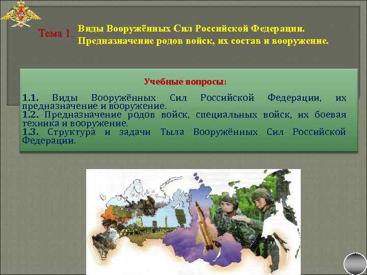 Тема 1. Виды Вооружённых Сил Российской Федерации. Предназначение родов войск, их состав и вооружение.