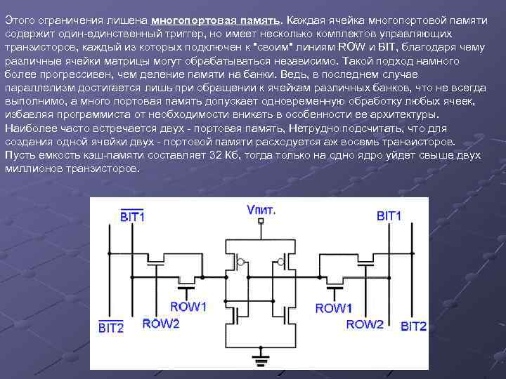 Этого ограничения лишена многопортовая память. Каждая ячейка многопортовой памяти содержит один-единственный триггер, но имеет