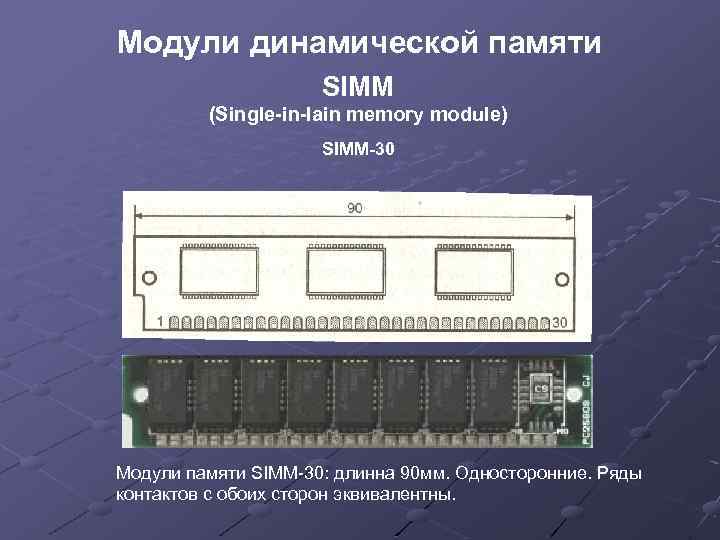 Модули динамической памяти SIMM (Single-in-lain memory module) SIMM-30 Модули памяти SIMM-30: длинна 90 мм.