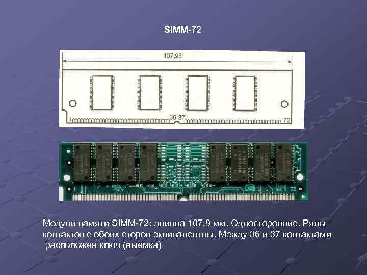 SIMM-72 Модули памяти SIMM-72: длинна 107, 9 мм. Односторонние. Ряды контактов с обоих сторон