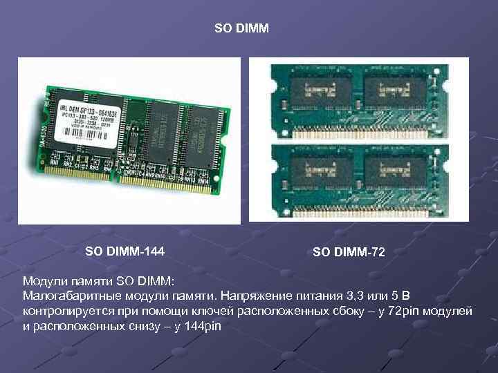 SO DIMM-144 SO DIMM-72 Модули памяти SO DIMM: Малогабаритные модули памяти. Напряжение питания 3,