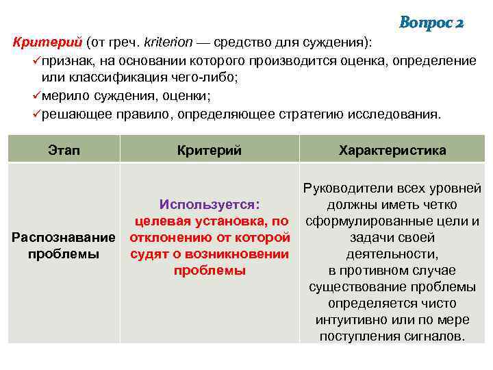 Вопрос 2 Критерий (от греч. kritеrion — средство для суждения): üпризнак, на основании которого