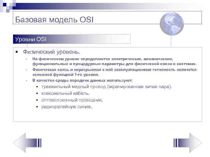 Базовая модель OSI Уровни OSI § Физический уровень. § § § На физическом уровне