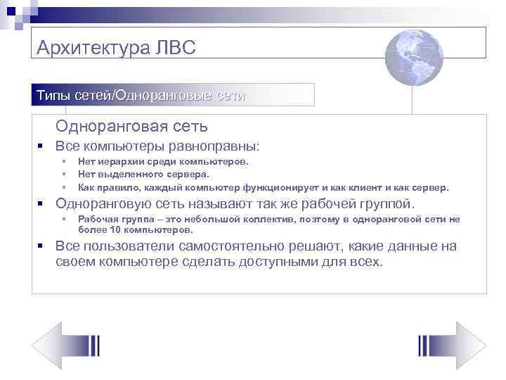 Архитектура ЛВС Типы сетей/Одноранговые сети Одноранговая сеть § Все компьютеры равноправны: § § §