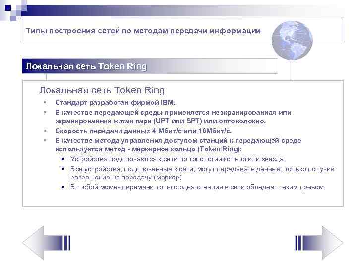 Типы построения сетей по методам передачи информации Локальная сеть Token Ring § § Стандарт