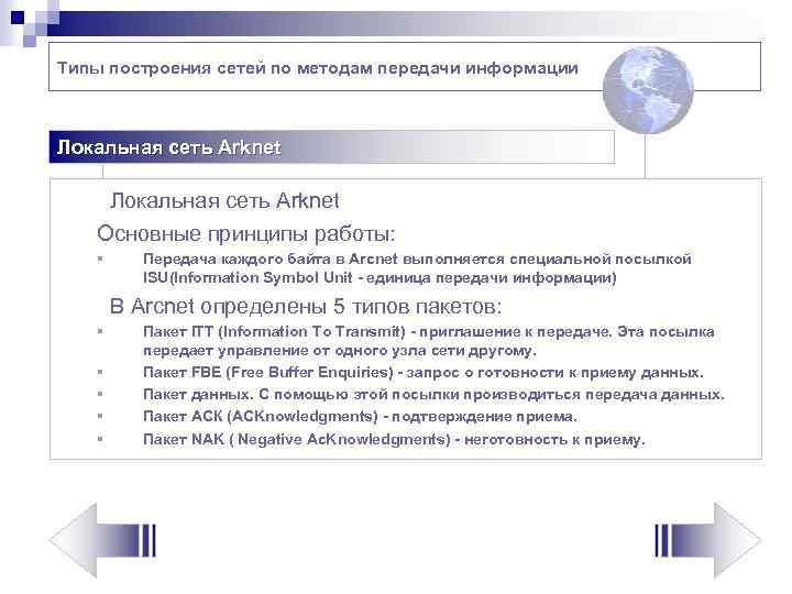 Типы построения сетей по методам передачи информации Локальная сеть Arknet Основные принципы работы: §