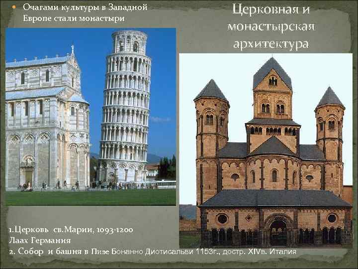  Очагами культуры в Западной Европе стали монастыри Церковная и монастырская архитектура 1. Церковь