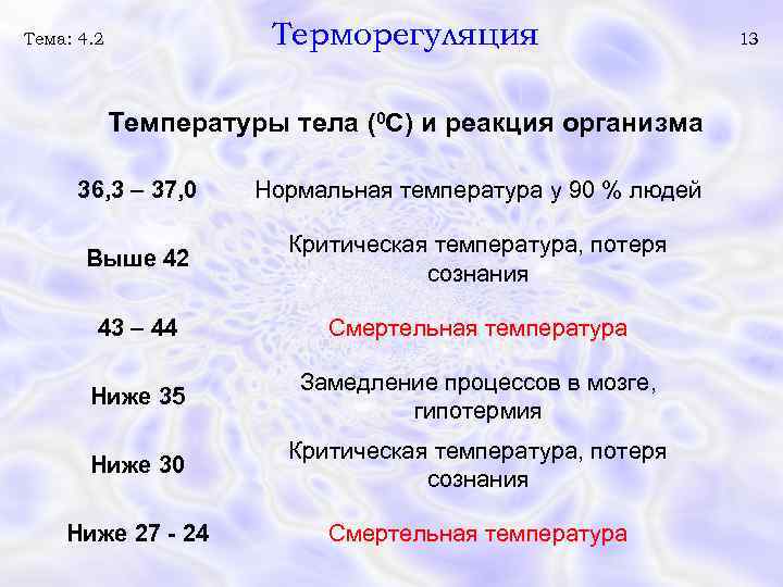 Терморегуляция Тема: 4. 2 Температуры тела (0 С) и реакция организма 36, 3 –
