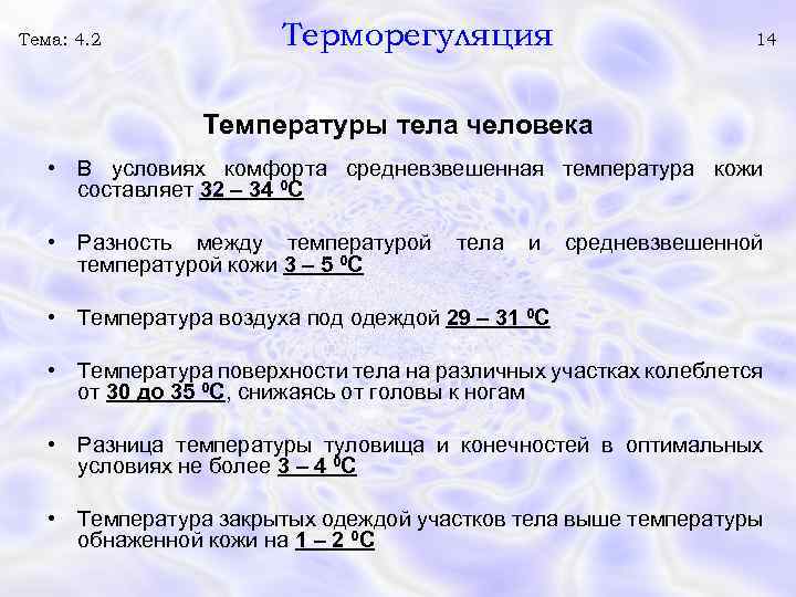 Тема: 4. 2 Терморегуляция 14 Температуры тела человека • В условиях комфорта средневзвешенная температура