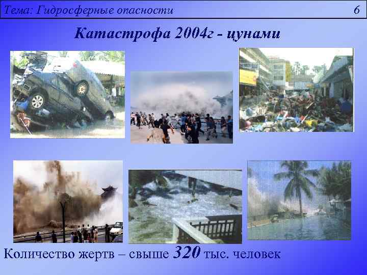 Тема: Гидросферные опасности Катастрофа 2004 г - цунами Количество жертв – свыше 320 тыс.