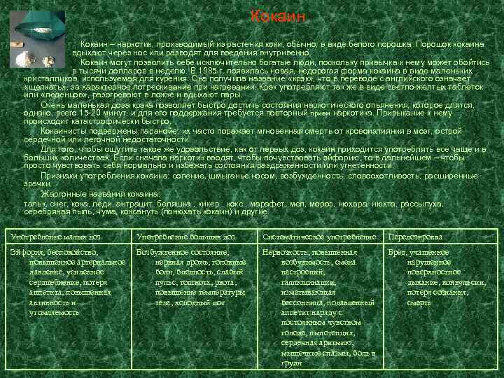 Кокаин – наркотик, производимый из растения коки, обычно, в виде белого порошка. Порошок кокаина
