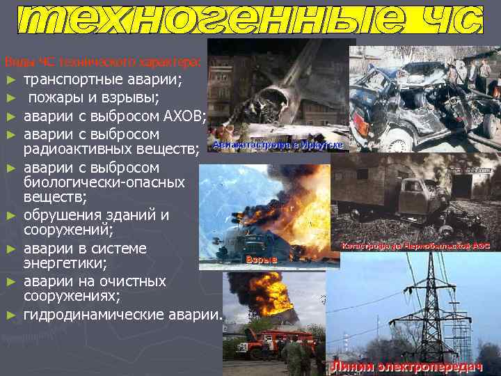 Виды ЧС технического характера: ► транспортные аварии; ► пожары и взрывы; ► аварии с