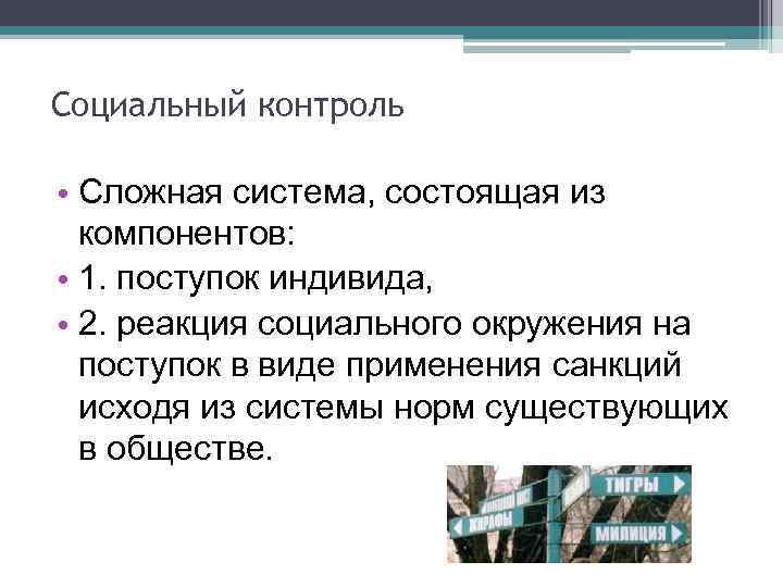 Социальный контроль • Сложная система, состоящая из компонентов: • 1. поступок индивида, • 2.