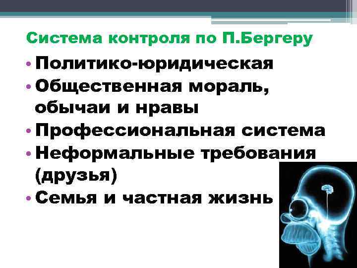 Система контроля по П. Бергеру • Политико-юридическая • Общественная мораль, обычаи и нравы •