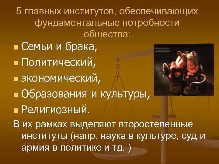 5 главных институтов, обеспечивающих фундаментальные потребности общества: Семьи и брака, n Политический, n экономический,