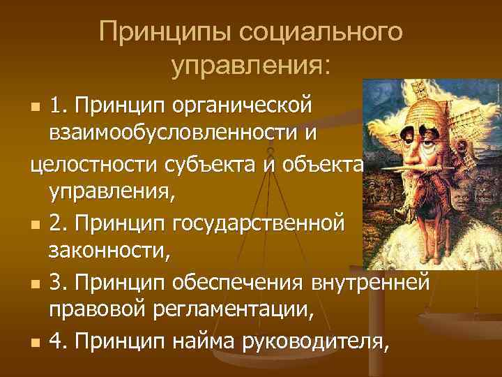 Принципы социального управления: 1. Принцип органической взаимообусловленности и целостности субъекта и объекта управления, n