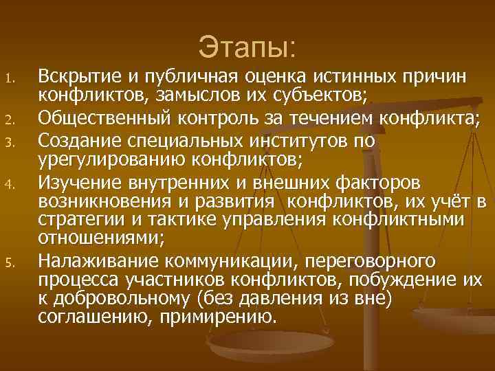 Этапы: 1. 2. 3. 4. 5. Вскрытие и публичная оценка истинных причин конфликтов, замыслов